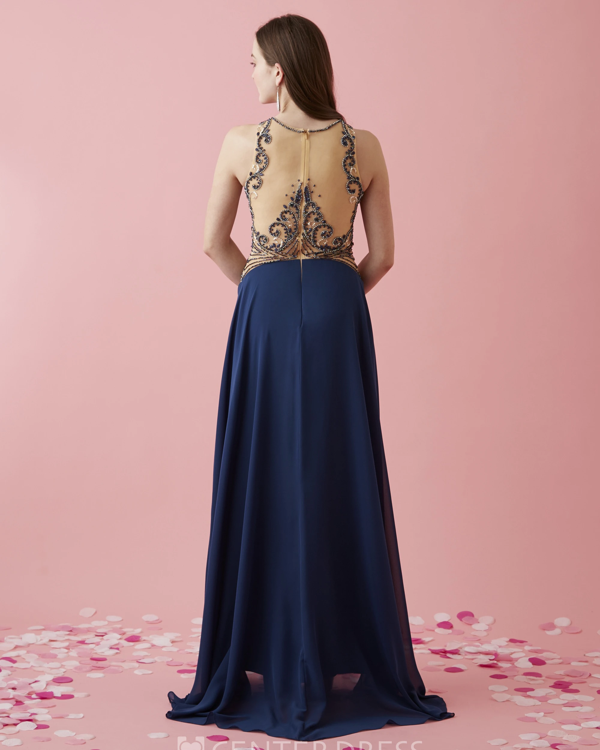 A-Line Long Scoop-Neck Sleeveless Chiffon Illusion Dress With Beading
