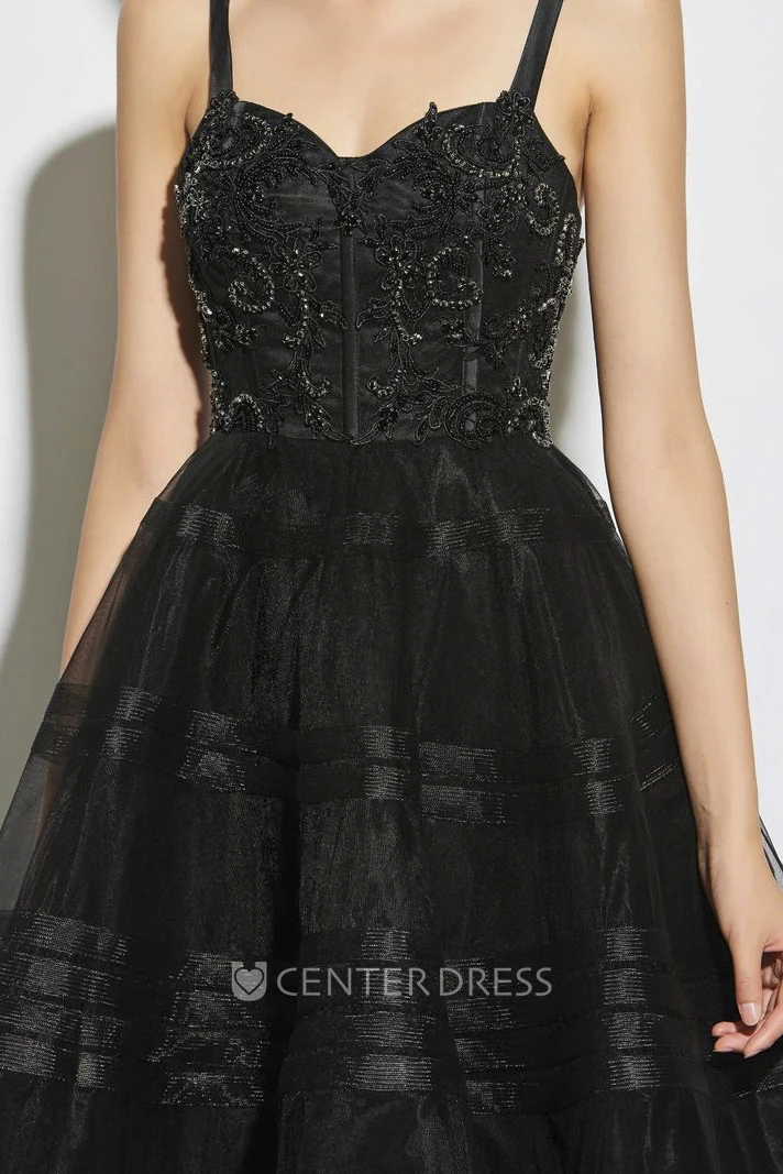 Cute Beaded A-line Tea-length Straps Vintage Boned Dress With Sweetheart Neckline