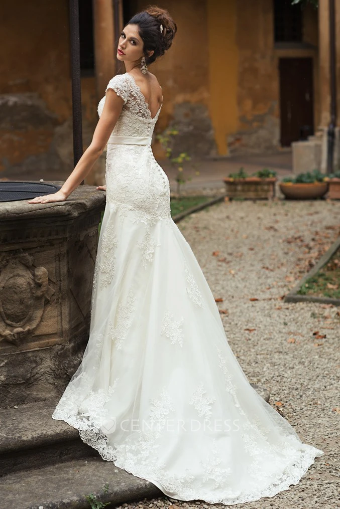 V-Neck Appliqued Maxi Cap-Sleeve Lace Wedding Dress With Sash