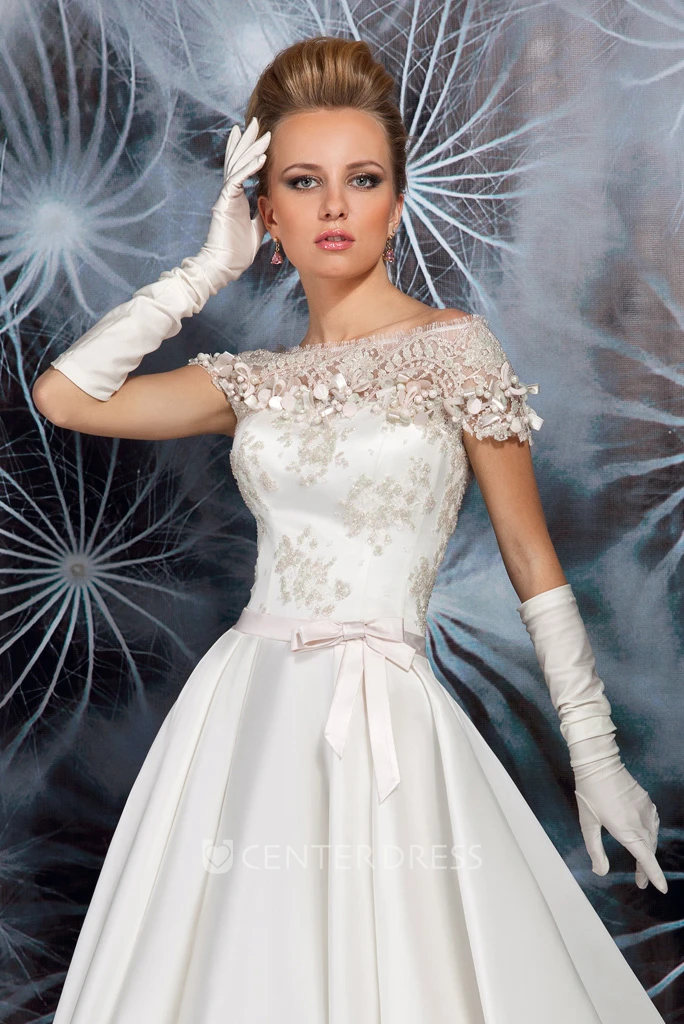 A-Line Maxi Appliqued Cap Sleeve Bateau Neck Satin Spring Wedding Dress