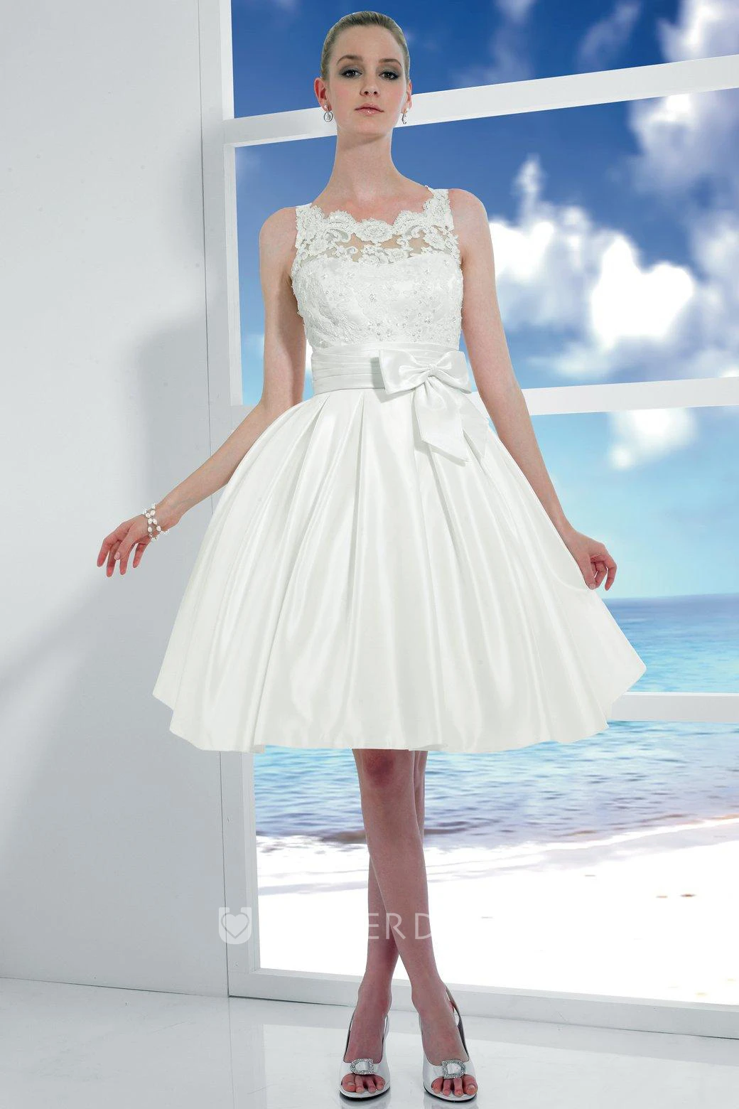 Midi Scoop Appliqued Satin Wedding Dress With Bow And V Back