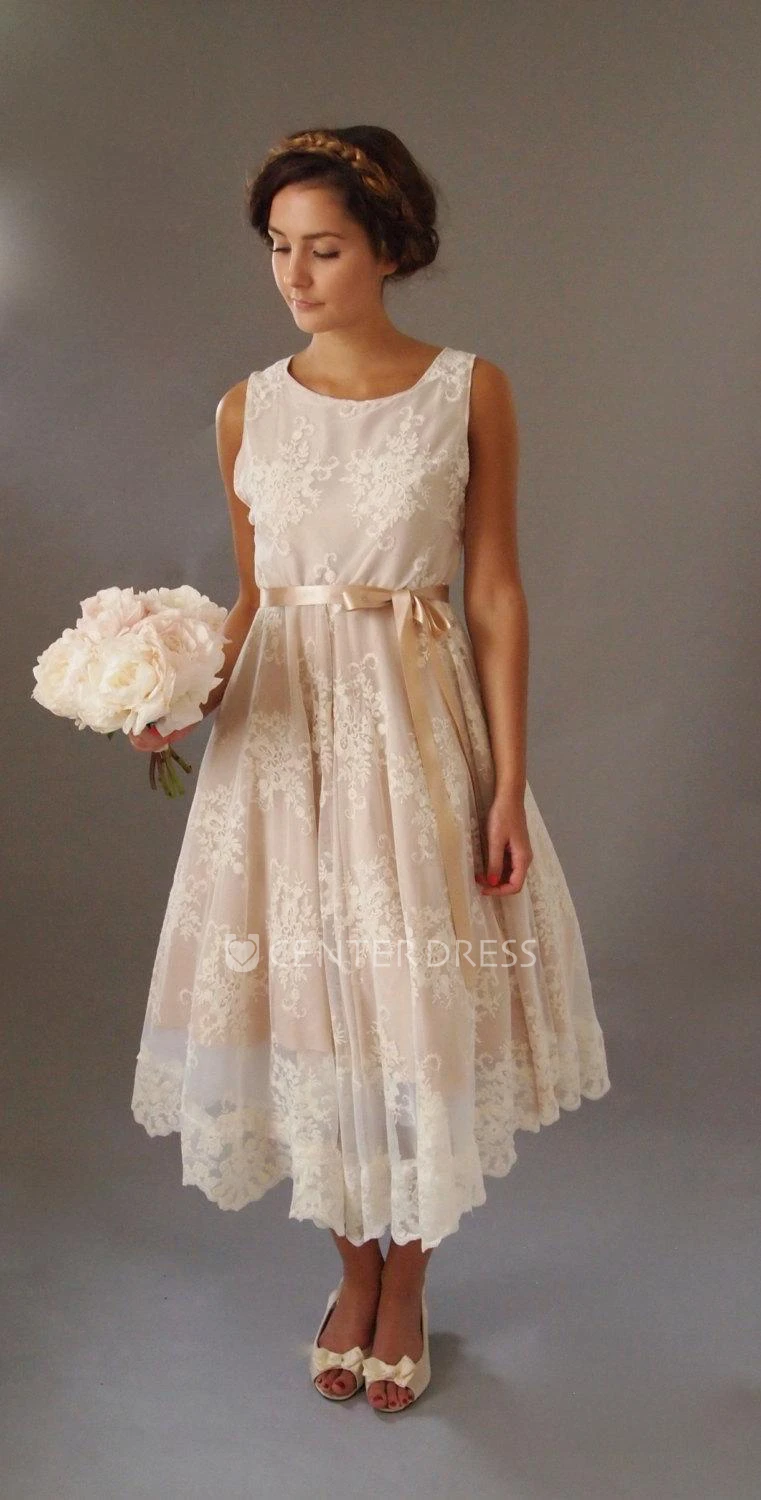 Vintage Style Sleeveless Scoop Neck Pleated Nude Blush Tea-Length Lace Dress