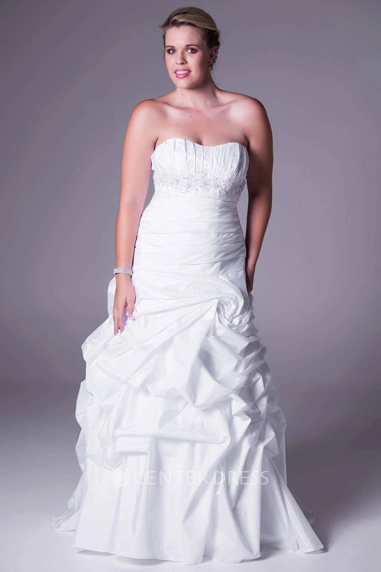 Strapless Appliqued Satin Plus Size Wedding Dress With Ruffles And Sweep Train