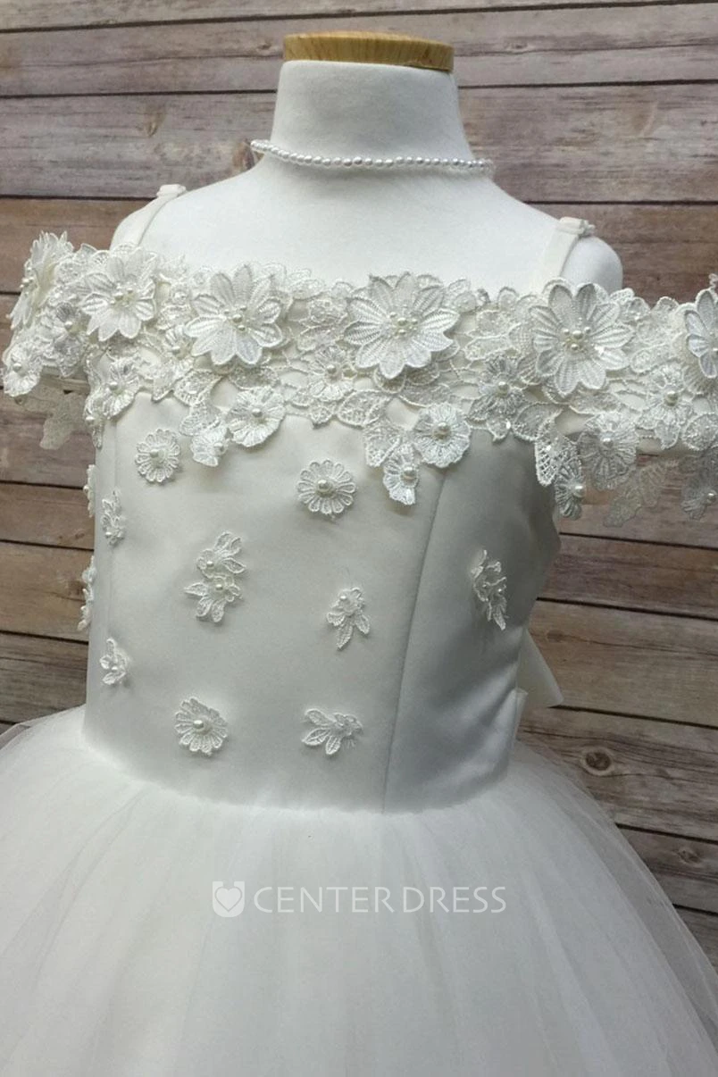 Tea-Length Embroideried Appliqued Floral Tulle&Satin Flower Girl Dress With Sash