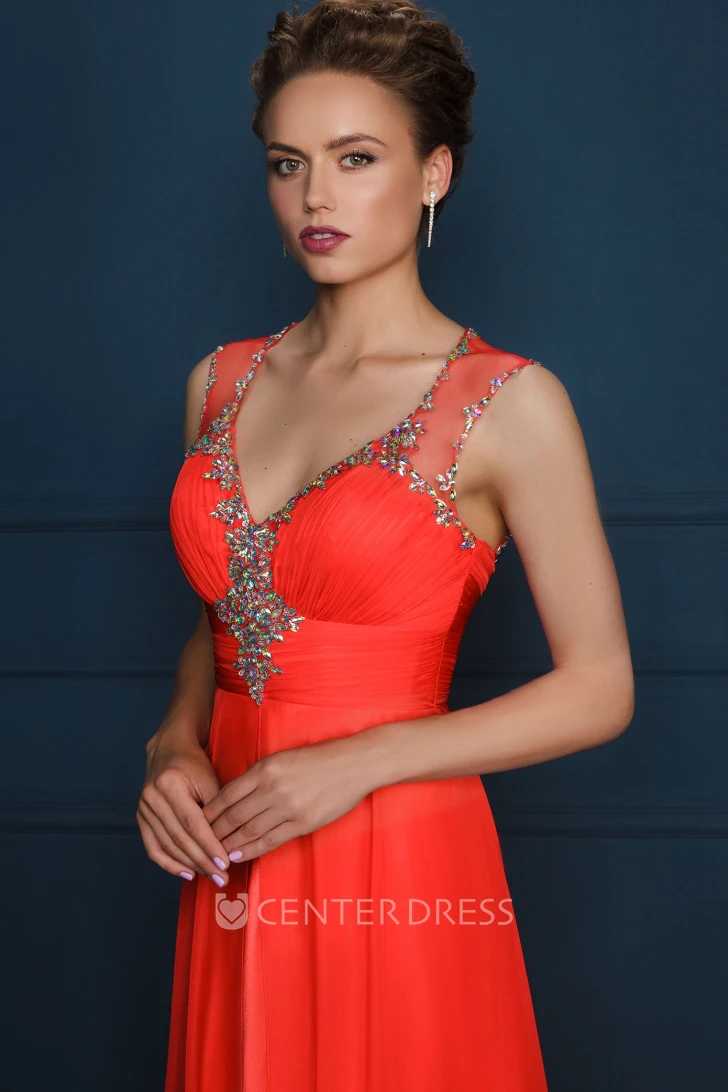 Sheath V-Neck Sleeveless Floor-Length Beaded Evening Dress With Ruching