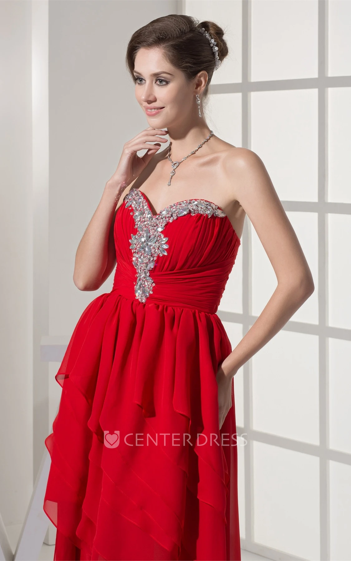 Beaded Sweetheart High-Low Chiffon Prom Dress with Ruffles