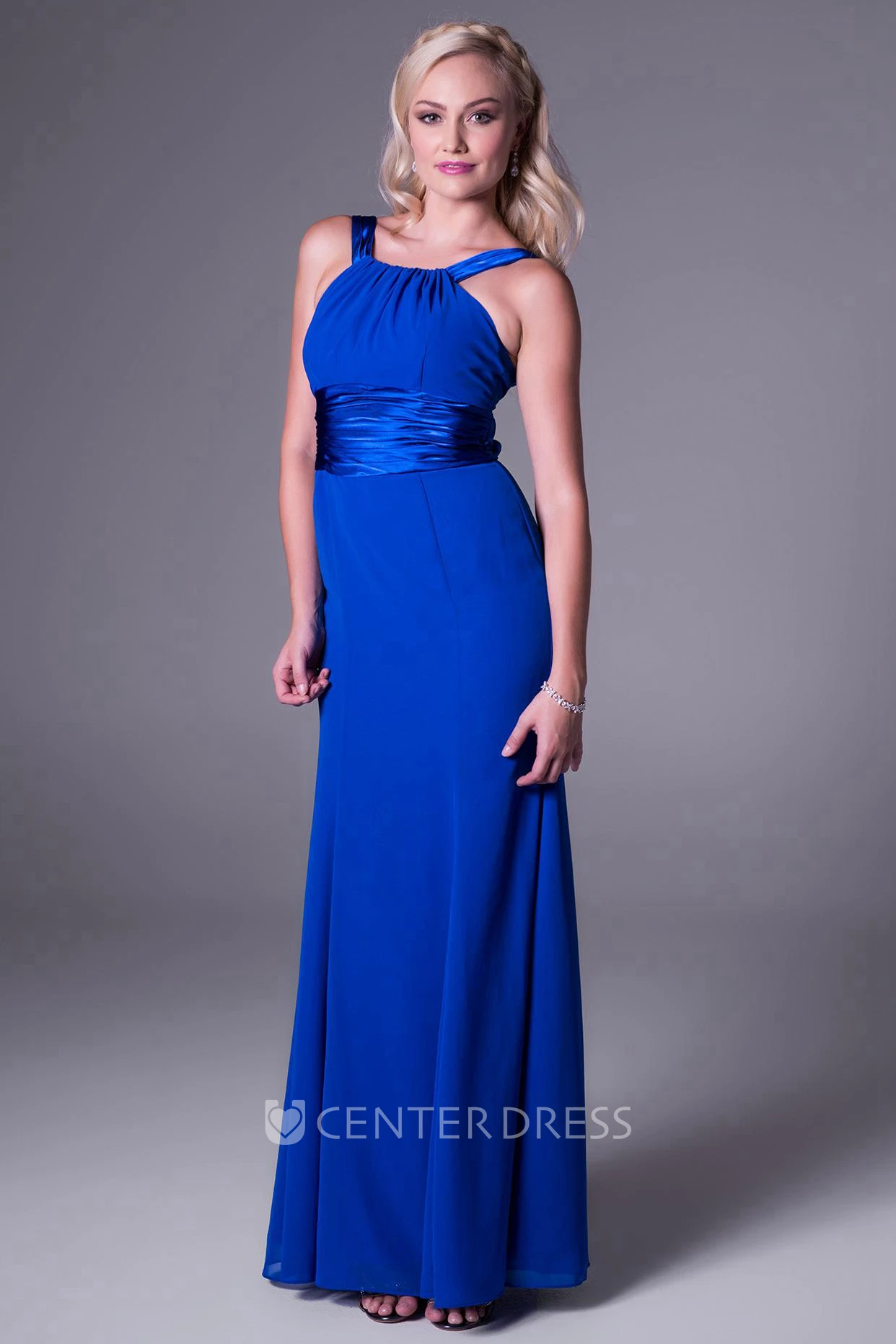 Ankle-Length Strapped Ruched Sleeveless Chiffon Bridesmaid Dress