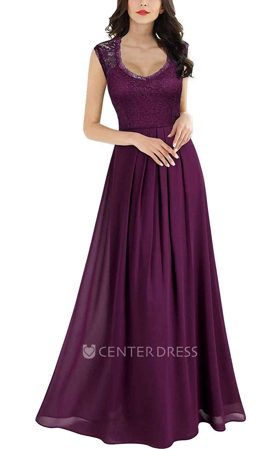 Romantic Sleeveless Lace Chiffon Scalloped A Line Evening Dress With Ruffles