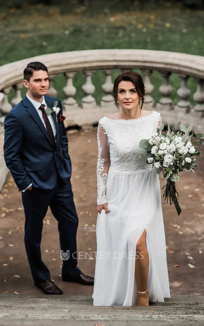 Vintage 1920s Long Sleeve Spring Wedding Dress Chiffon Sheath Floor-length with Lace Deep-V Back