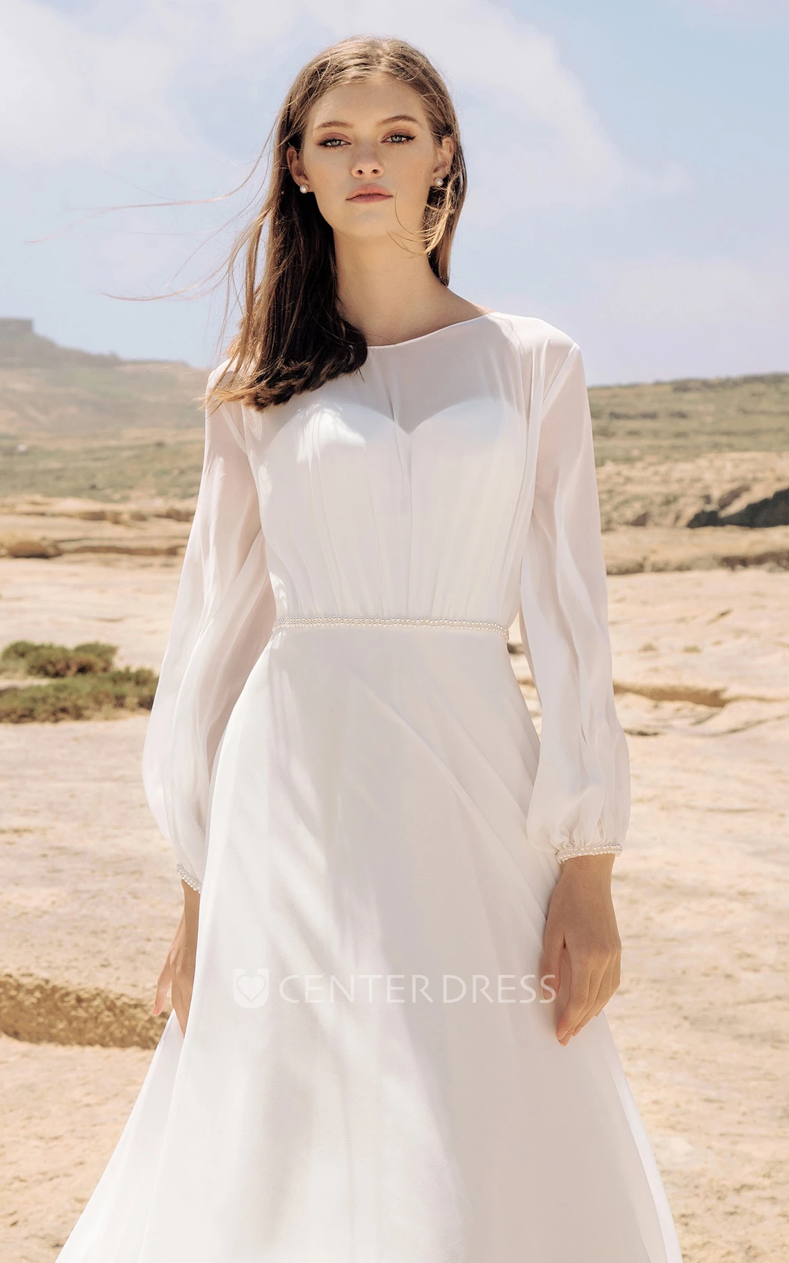Casual Chiffon Long Sleeve Illusion A Line Poet Wedding Dress with Ruching
