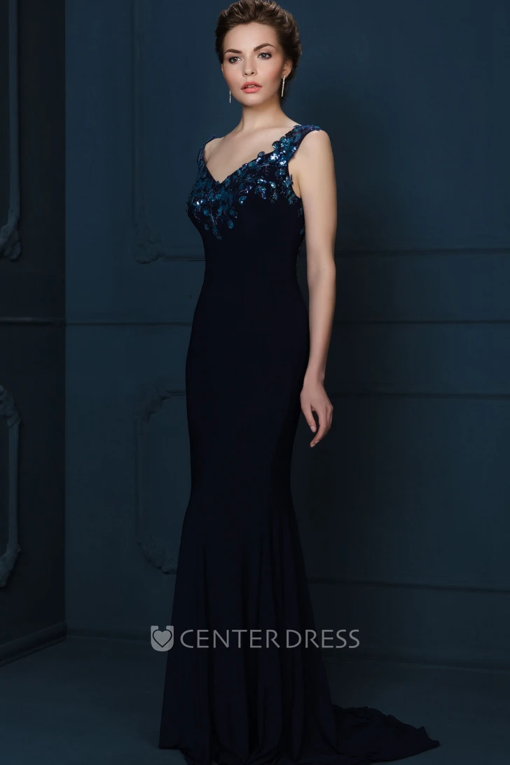 Floor-Length Crystal Sleeveless V-Neck Chiffon Evening Dress