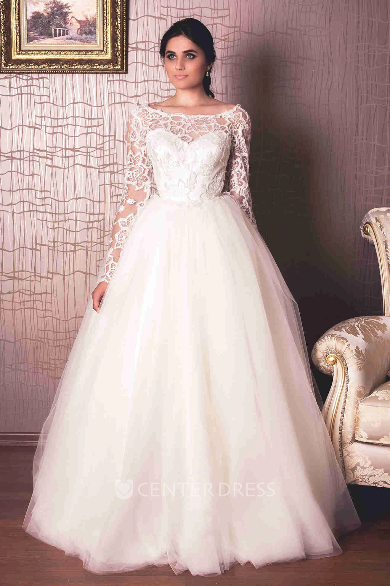 Bateau Floor-Length Lace Long-Sleeve Tulle Wedding Dress