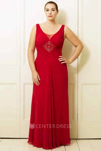 Maxi V-Neck Sleeveless Ruched Chiffon Plus Size Prom Dress With Broach