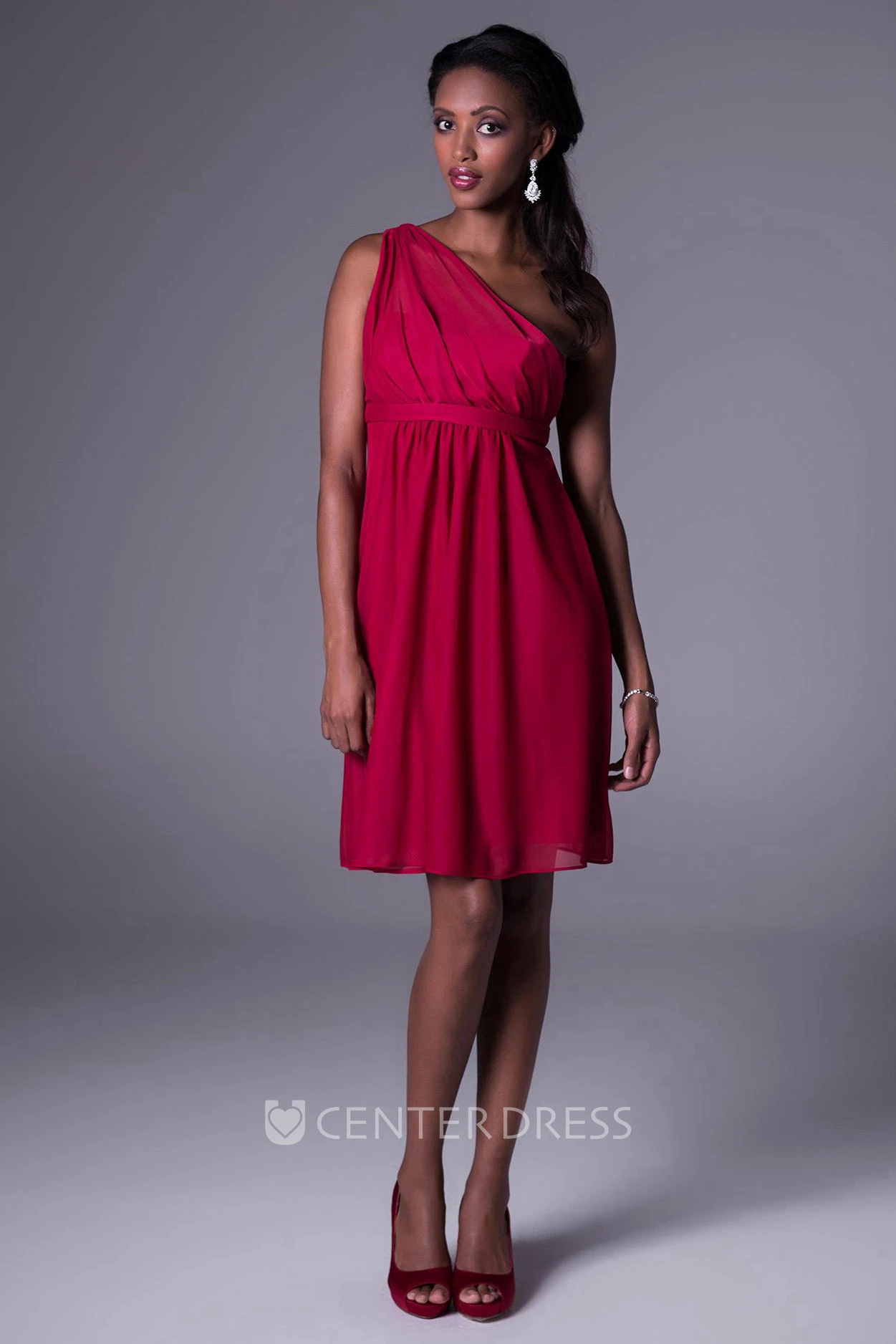 One-Shoulder Empire Short Sleeveless Chiffon Bridesmaid Dress With Ruching And Zipper
