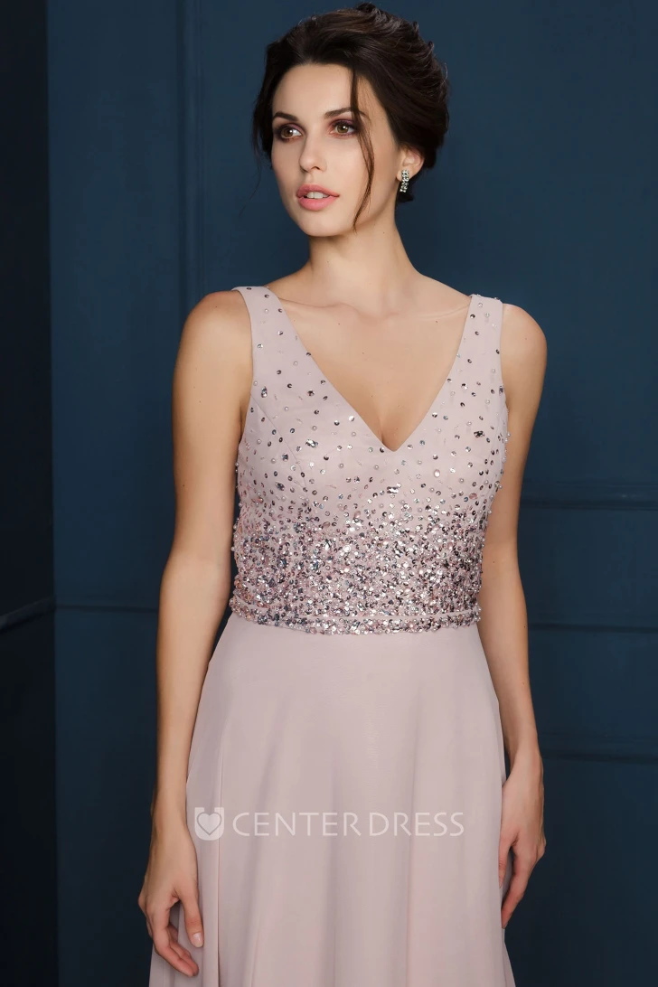 A-Line Long Beaded V-Neck Sleeveless Chiffon Evening Dress
