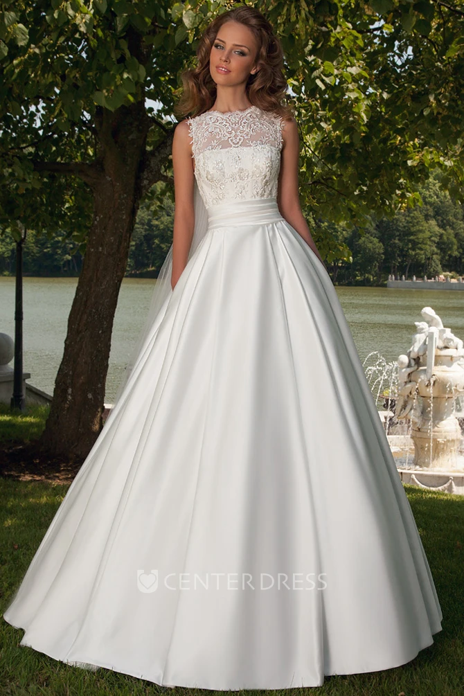 Ball-Gown Lace Jewel Sleeveless Floor-Length Satin Wedding Dress With Lace-Up Back And Bow