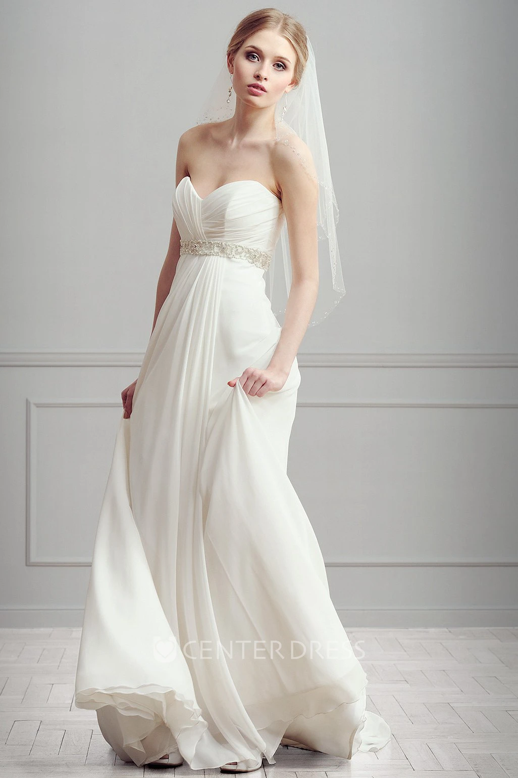 Sweetheart Long Criss-Cross Empire Sleeveless Chiffon Wedding Dress With Waist Jewellery