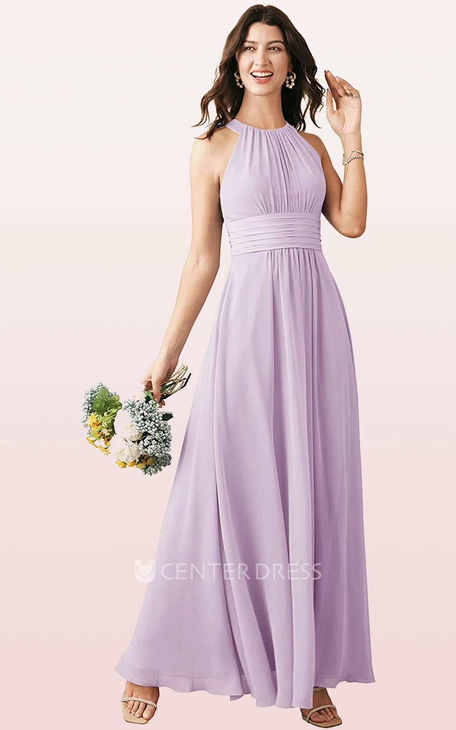 Modern Chiffon Ankle-length Halter A Line Sleeveless Bridesmaid Dress With Ruching
