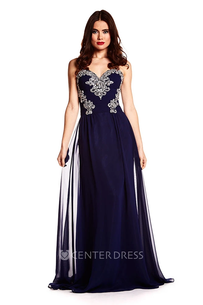 A-Line Sweetheart Sleeveless Maxi Beaded Chiffon Prom Dress With Lace-Up Back And Sweep Train