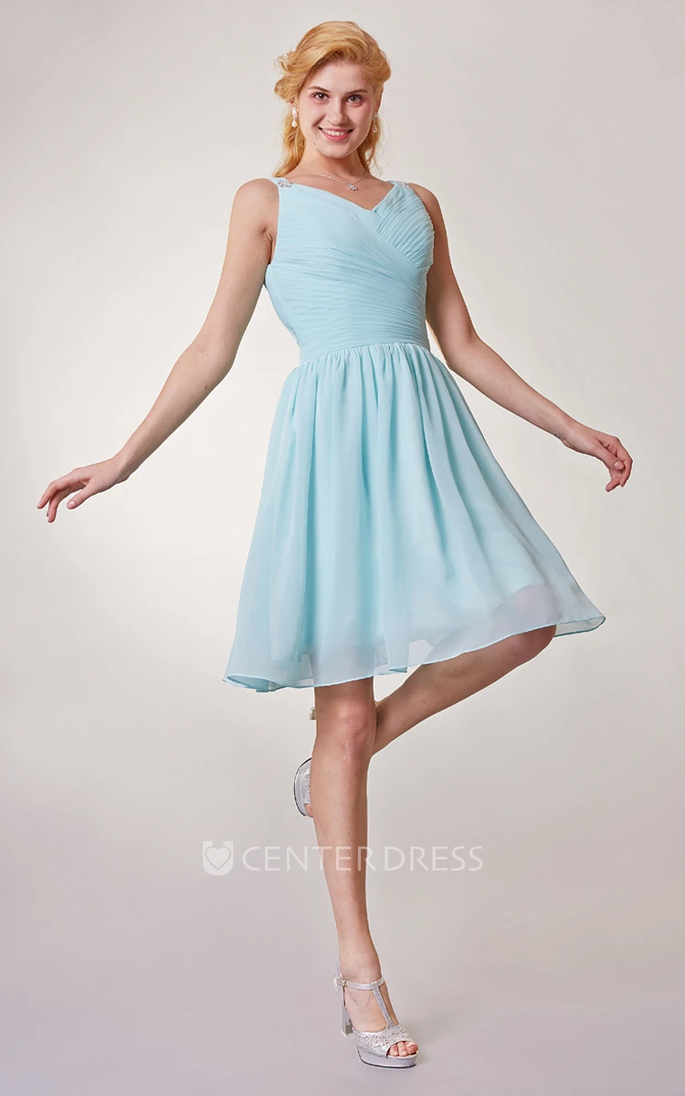 Chiffon V Neck Short Bridesmaid Dress with Ruching