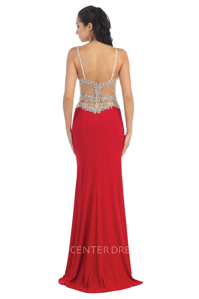 Illusion Sheath Long Spaghetti Sleeveless Jersey Dress With Beading