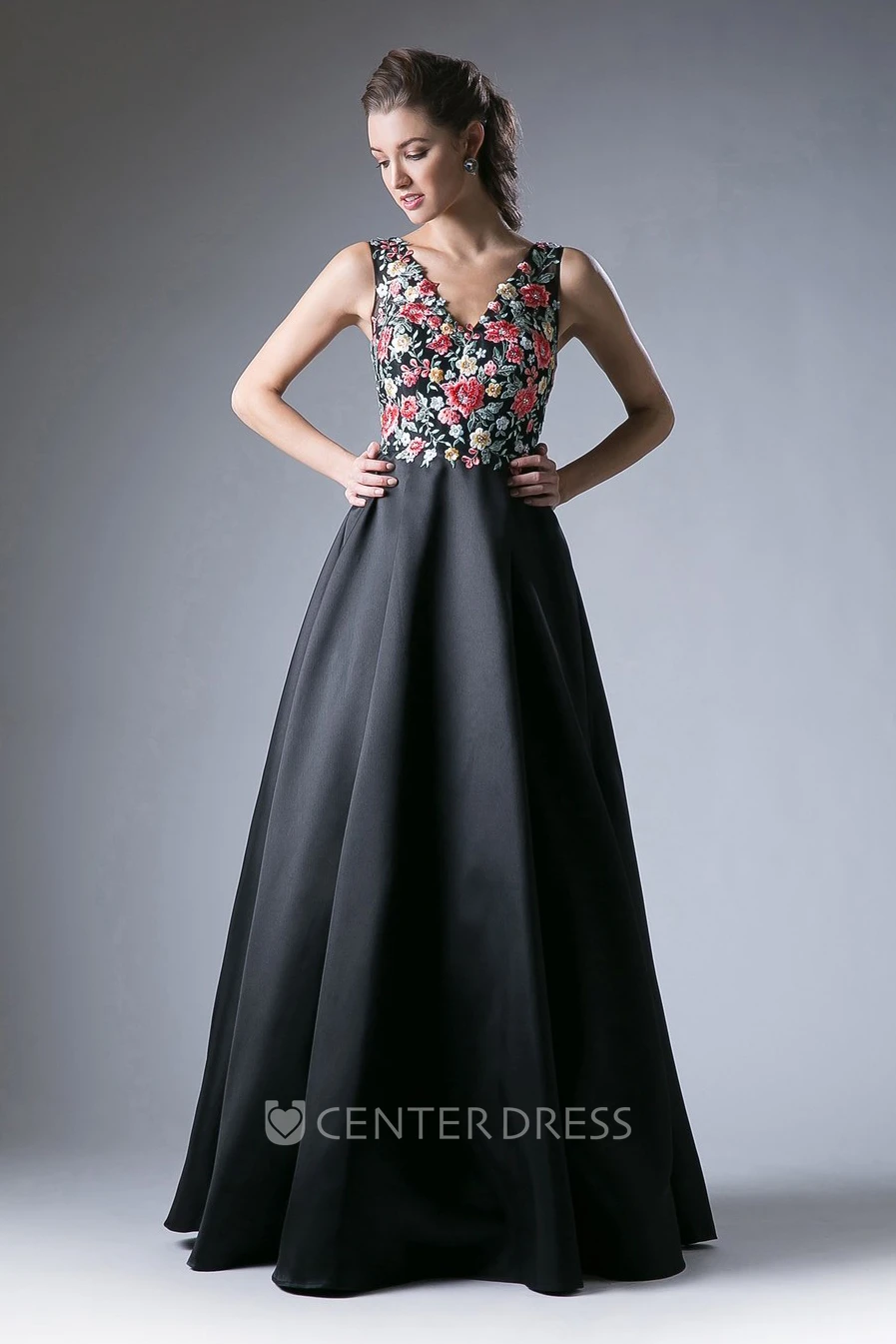 A-Line V-Neck Sleeveless Satin Low-V Back Dress With Embroidery