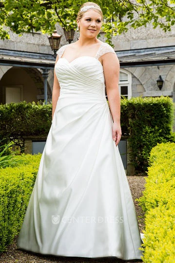 Beaded Cap Sleeve Taffeta Bridal Gown With Lace Up And Keyhole