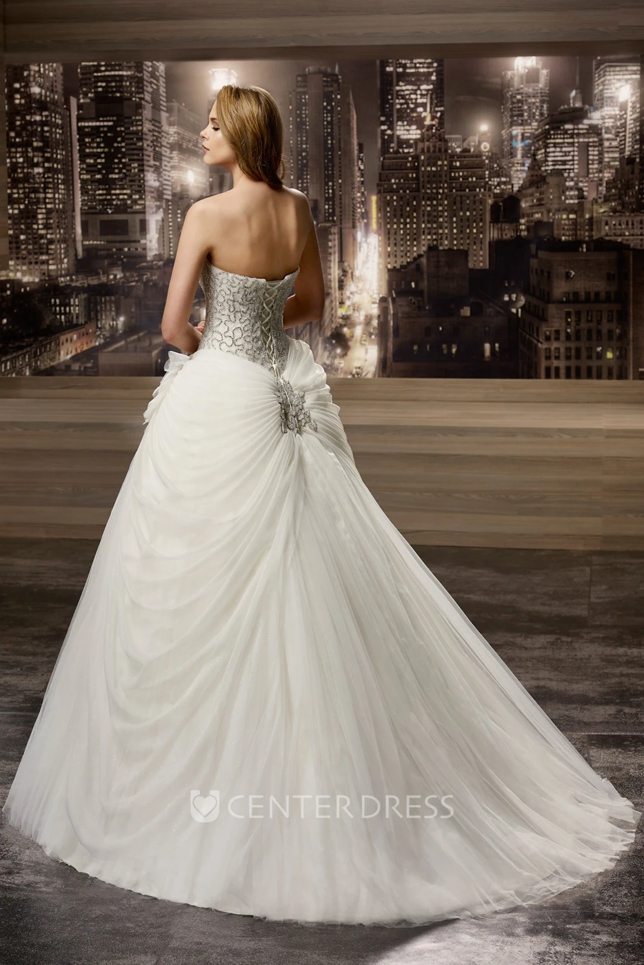 Sweetheart A-Line Ruching Gown With Beaded Bodice And Back Bow