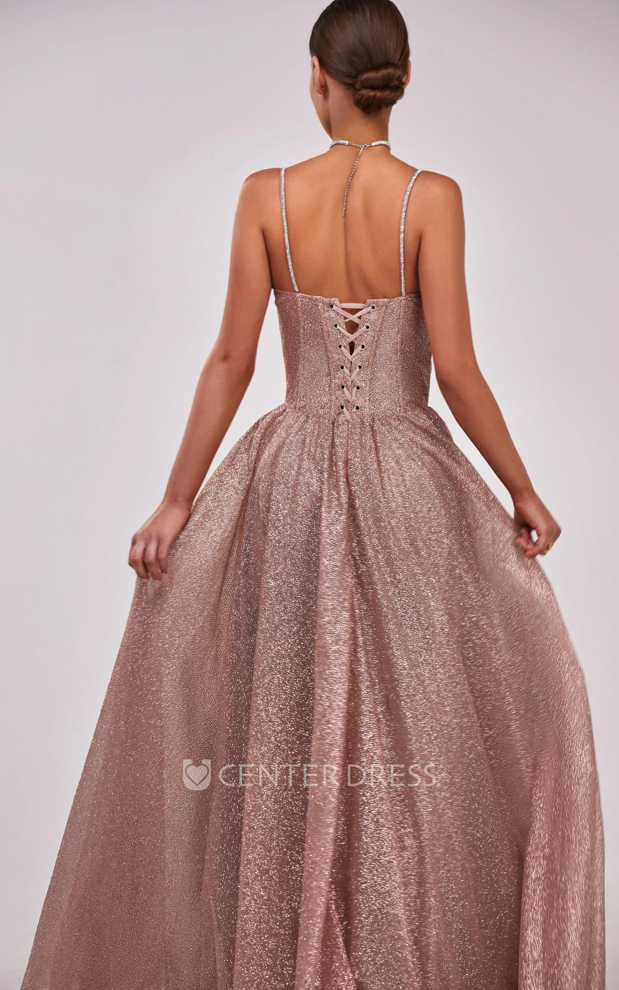 Sexy A-Line Spaghetti Sequins Evening Dress With Lace-up Back And Bow