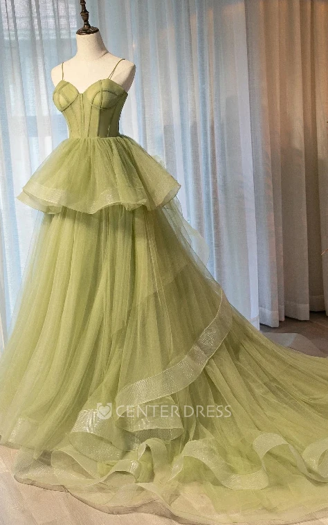 Ethereal Tulle Ball Gown Court Train Sleeveless Spaghetti Formal Dress with Peplum