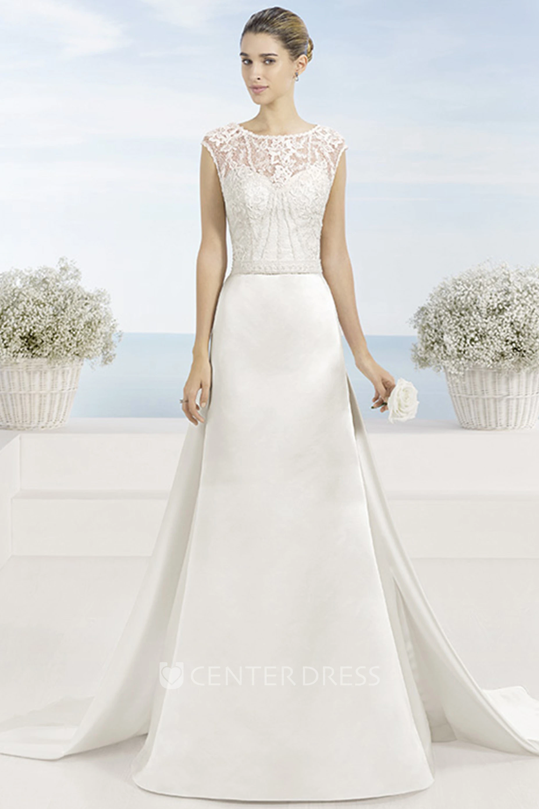 Scoop Floor-Length Beaded Satin Wedding Dress With Watteau Train And Illusion