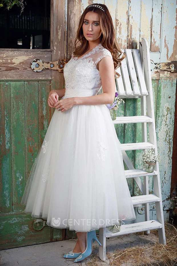 A-Line Tea-Length V-Neck Appliqued Cap-Sleeve Tulle&Lace Wedding Dress