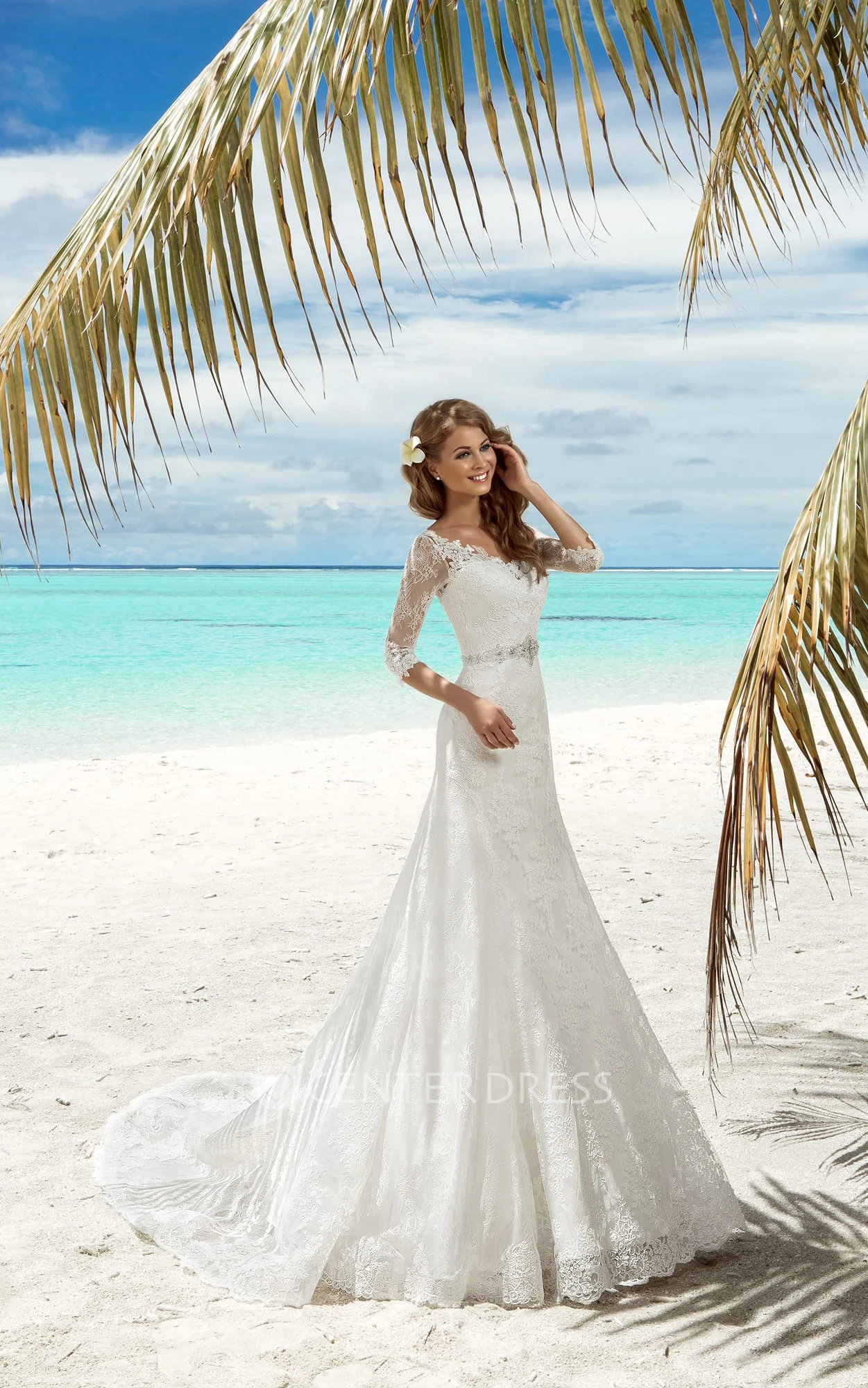 Mermaid Long V-Neck T-Shirt-Sleeve Lace-Up Lace Dress With Beading And Appliques