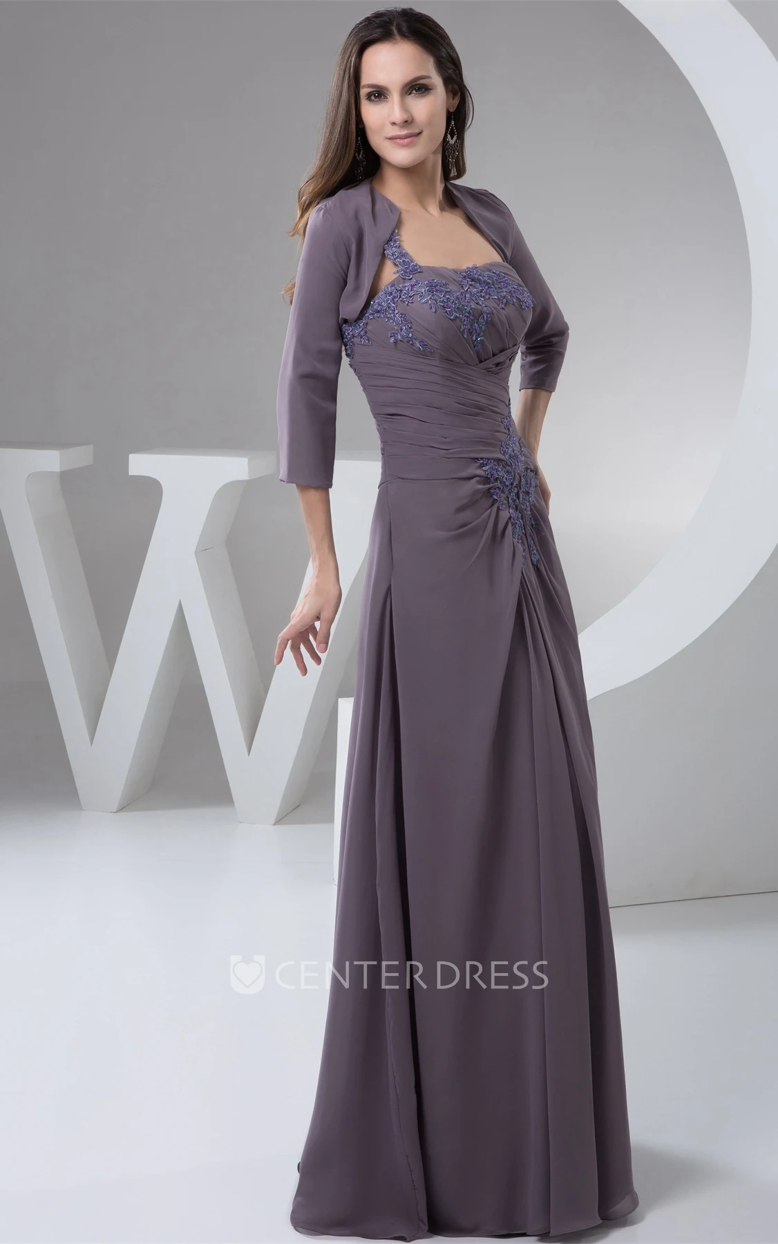 Strapless Chiffon Sheath Dress with Appliques and Bolero