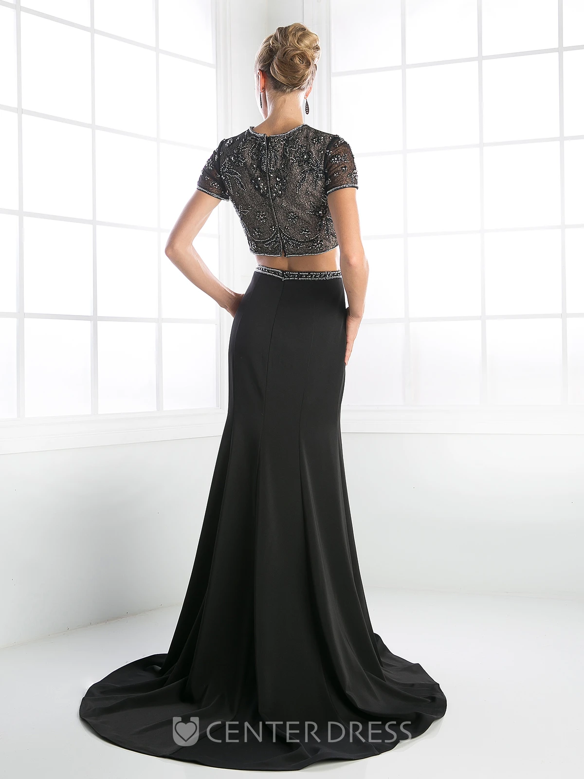 Two-Piece Sheath Jewel-Neck Short Sleeve Jersey Zipper Dress With Beading