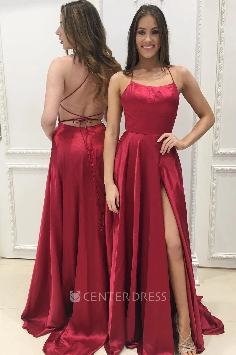 Cap Short Sleeve Sweep Brush Train A-Line Spaghetti Satin Dress