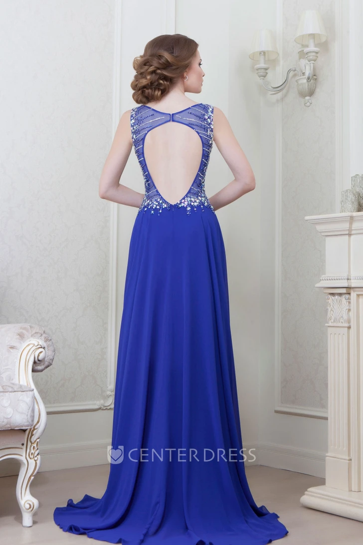 A-Line Sleeveless Long Crystal Bateau-Neck Chiffon Evening Dress With Pleats