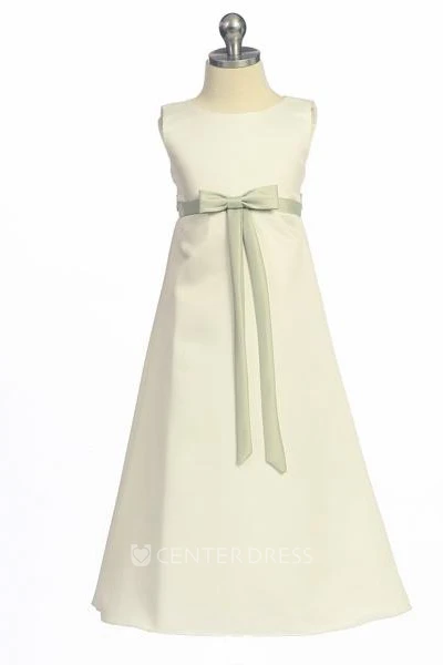 Ankle-Length Bowed Sleeveless Satin Flower Girl Dress