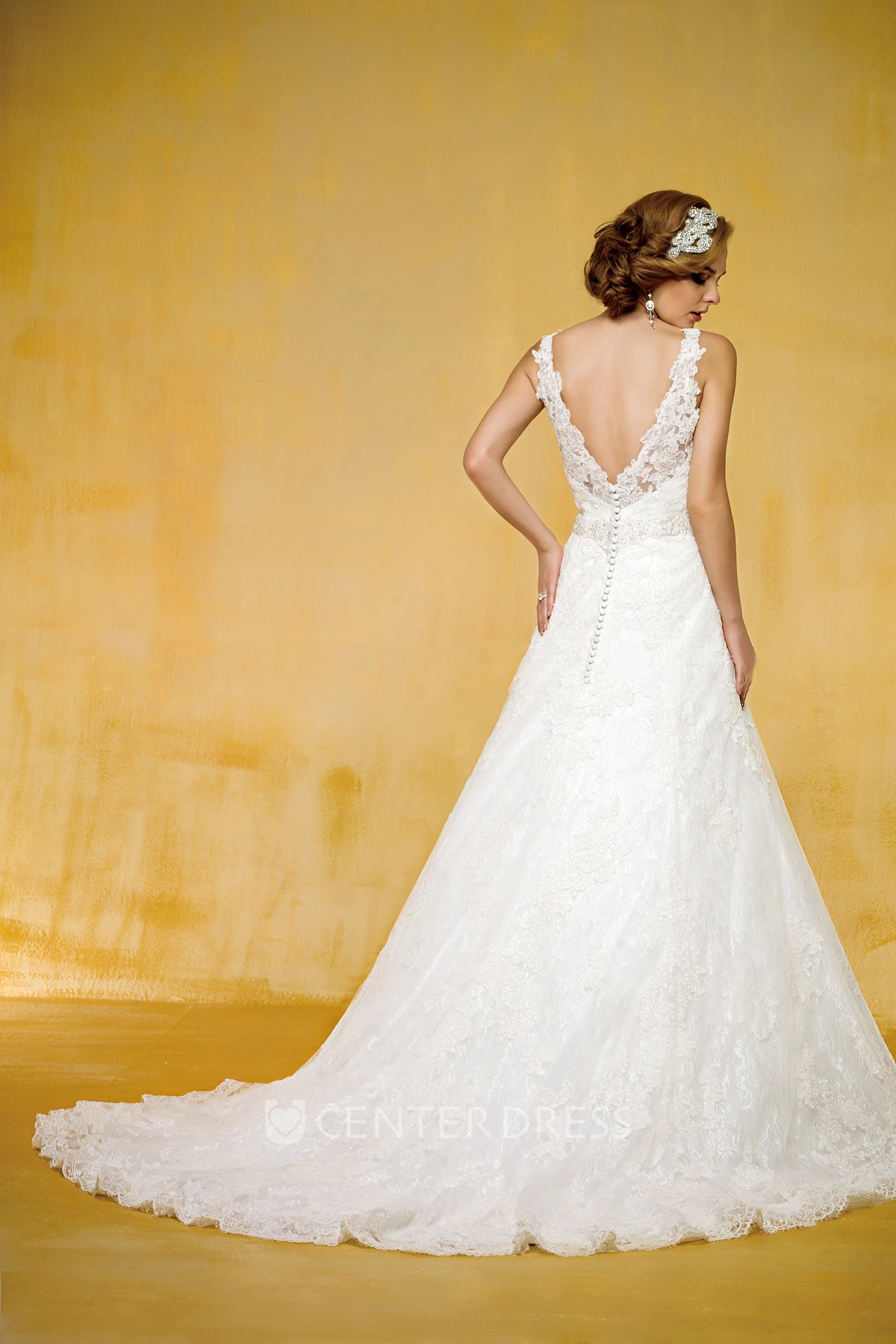 Sleeveless V-Neck A-Line Wedding Dress With Low V-Back And Appliques