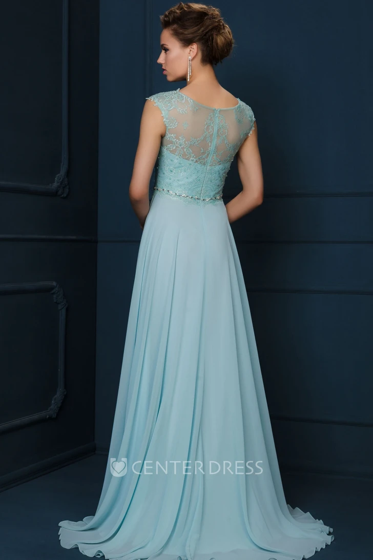 A-Line Jewel-Neck Cap-Sleeve Appliqued Maxi Chiffon&Lace Evening Dress With Beading And Pleats
