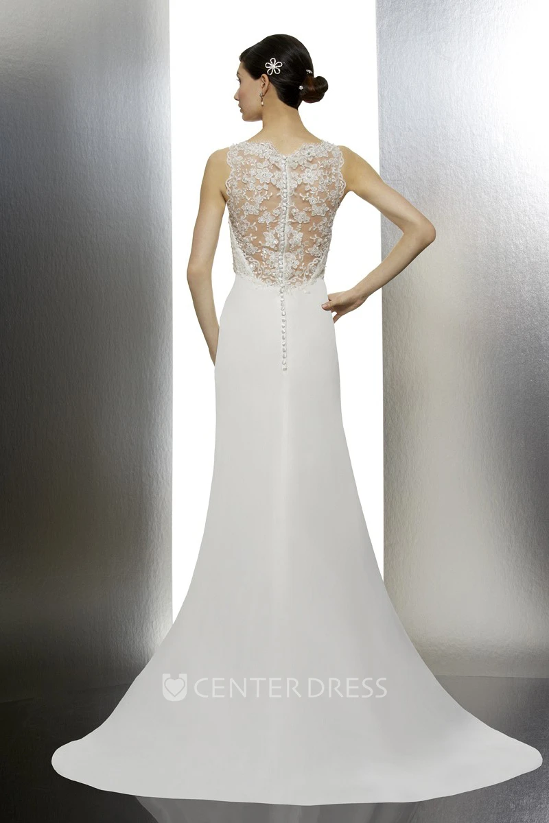 A-Line Lace Maxi V-Neck Sleeveless Wedding Dress With Beading And Illusion Back