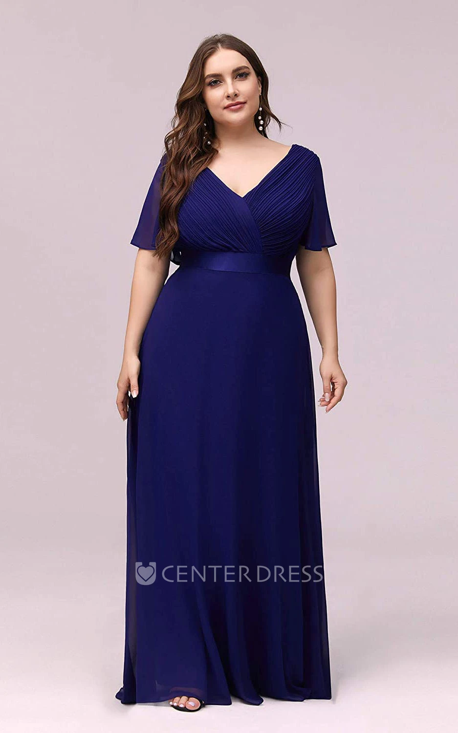 Casual Half Sleeve Chiffon V-neck A Line Mother Dress With Criss Cross and Ruching