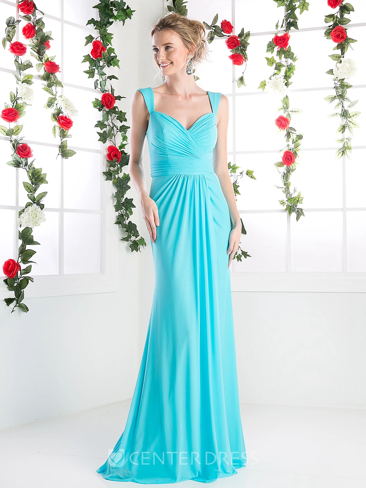Sheath Long Sleeveless Chiffon Zipper Dress With Criss Cross And Draping