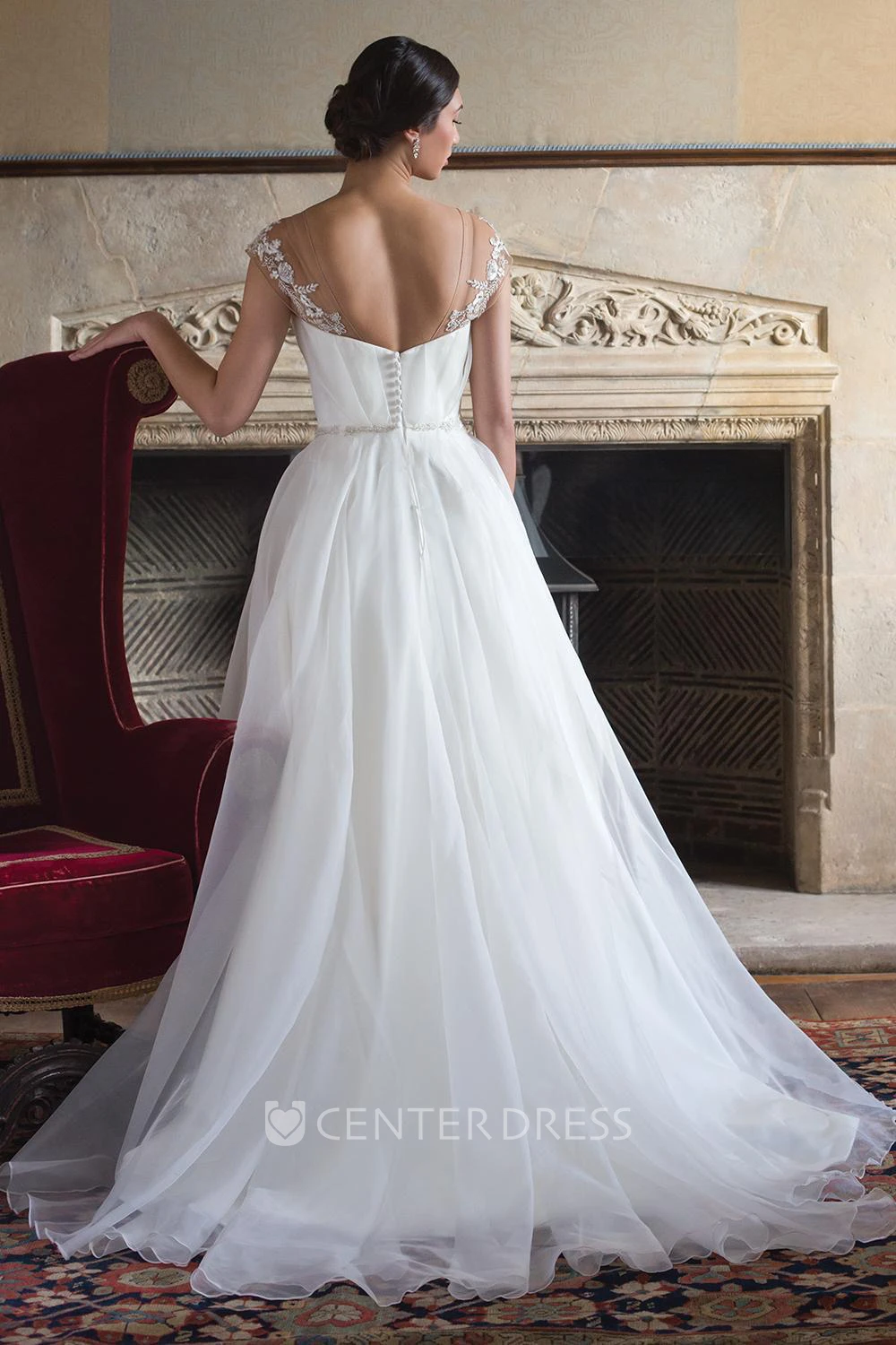 Ball Gown Floor-Length V-Neck Ruched Cap-Sleeve Wedding Dress With Appliques