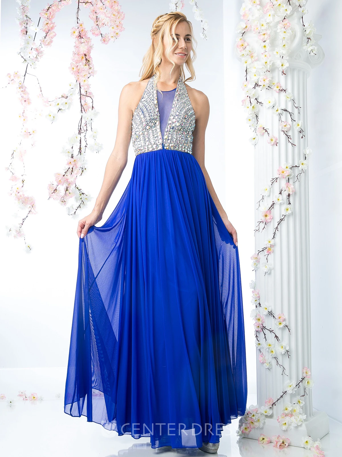 A-Line Halter Sleeveless Chiffon Backless Dress With Crystal Detailing And Pleats