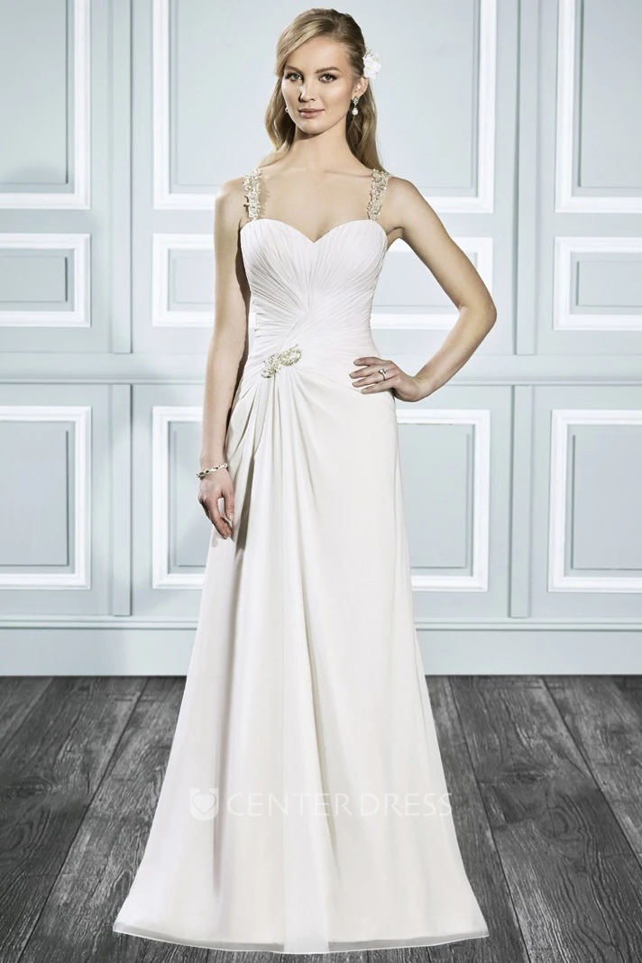 A-Line Sleeveless Criss-Cross Long Wedding Dress With Beading And Draping