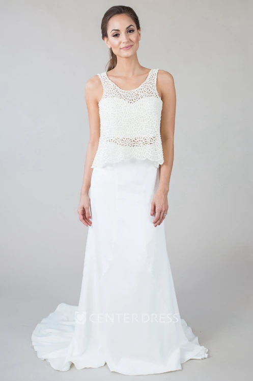 Sheath Sleeveless Floor-Length Scoop-Neck Lace Chiffon Wedding Dress