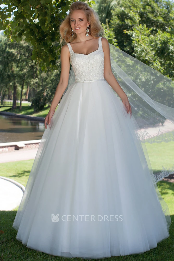 Ball-Gown Square Long Sleeveless Beaded Tulle Wedding Dress With Corset Back