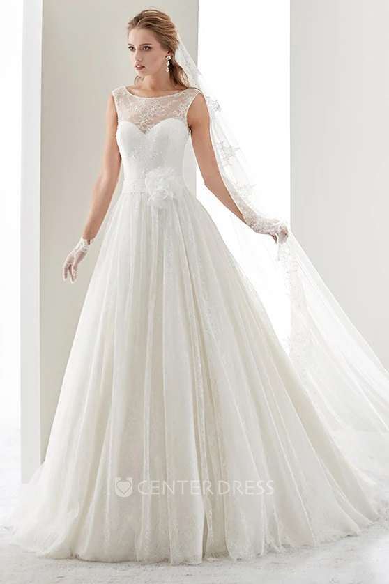 Cap sleeve Illusion Draping Gown with Flower Waist and Jewel Neck