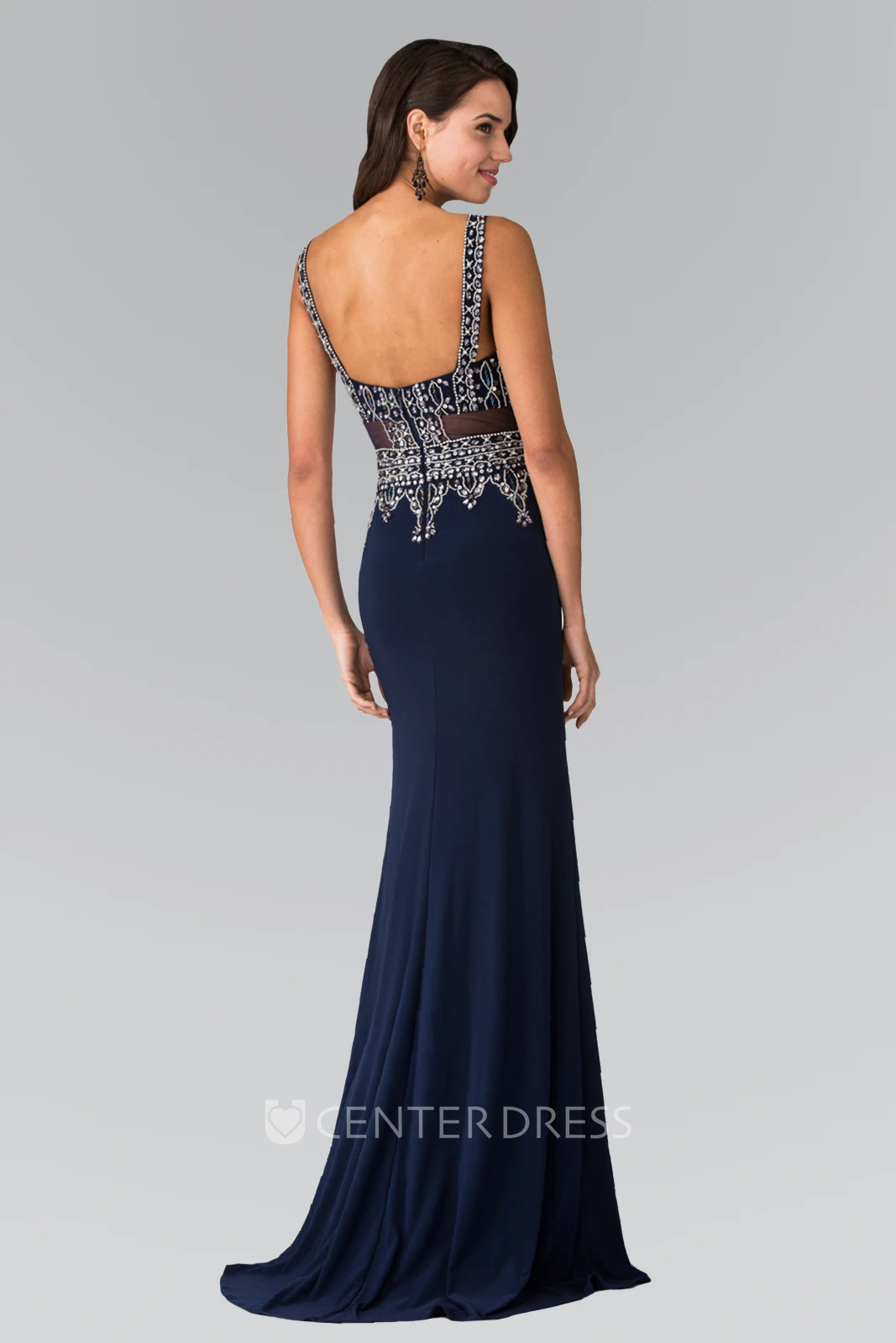 Sheath Floor-Length V-Neck Sleeveless Jersey Straps Dress With Beading